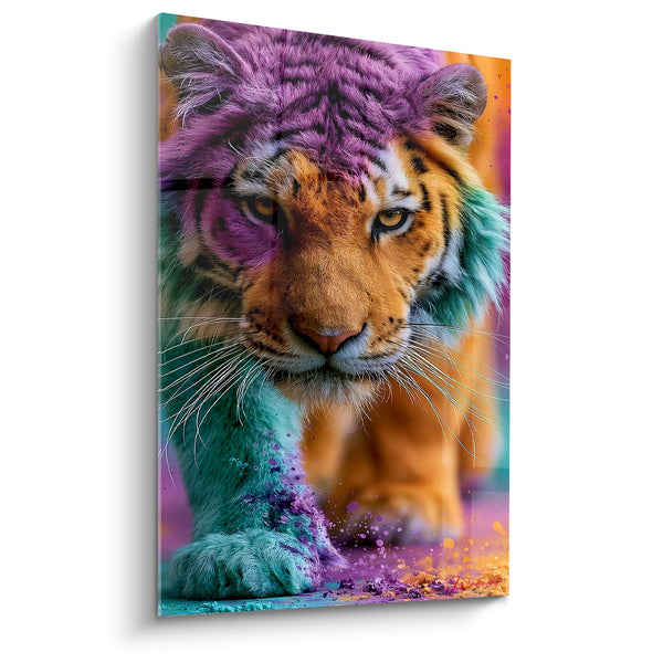 Tableau Tigre violet et turquoise en approche - Avancée féline - Edition Tigre