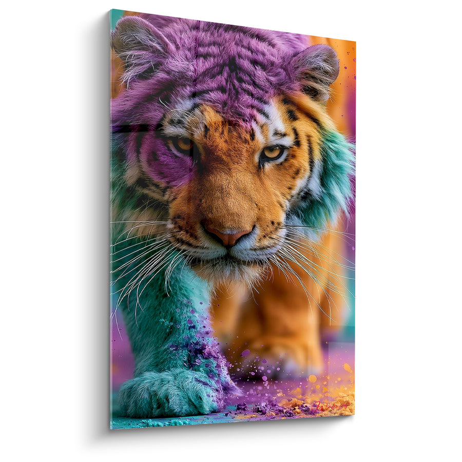 Tableau Tigre violet et turquoise en approche - Avancée féline - Edition Tigre