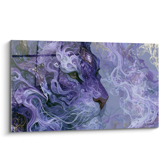 Tigre violet aux volutes argentées, regard vert intense, motifs ornementaux fluides sur fond nacré