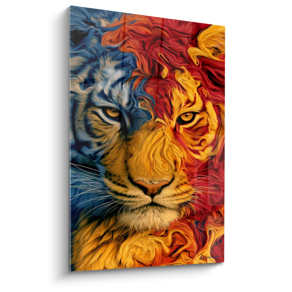 Tableau Tigre visage bleu et rouge flammes - Double nature ardente - Edition Tigre