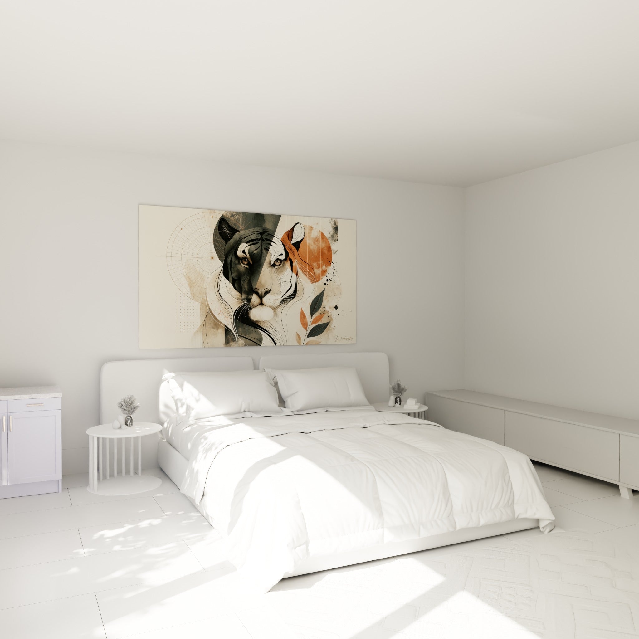 Regard félin partagé entre noir profond et terracotta, accroché au-dessus d'un lit dans une chambre claire