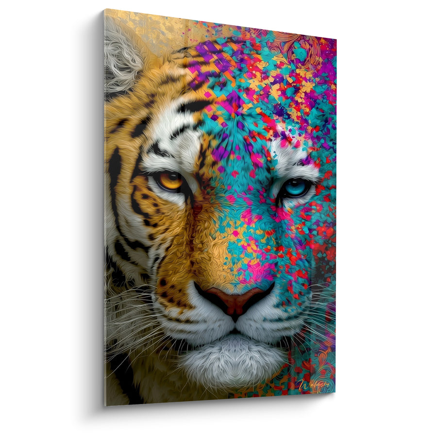 Tableau Tigre visage doré et éclats multicolores - Double nature sauvage - Edition Tigre