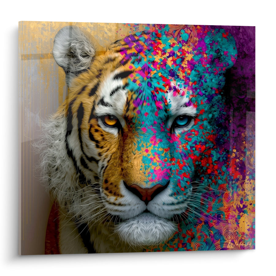 Tableau Tigre orangé et turquoise éclaboussé de couleurs - Éveil des sens - Edition Tigre