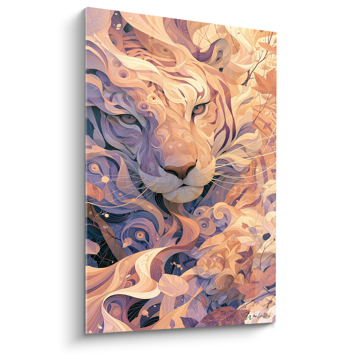 Tigre stylisé aux volutes ocre et mauves, regard perçant sculpté de motifs sinueux