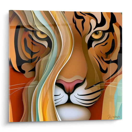 Tigre au regard doré fondu dans des rubans ocre et menthe pastel ondulés