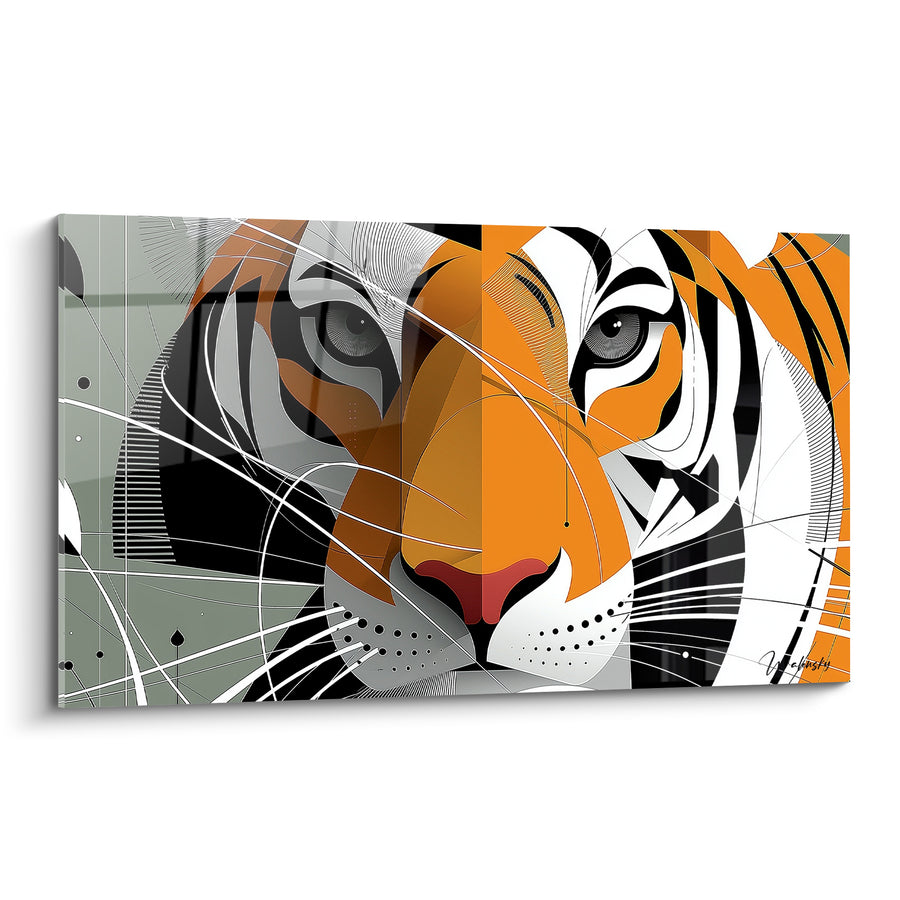 Tableau Tigre visage orangé et gris mi-parti aux lignes filantes - Truffe rouge vif - Edition Tigre