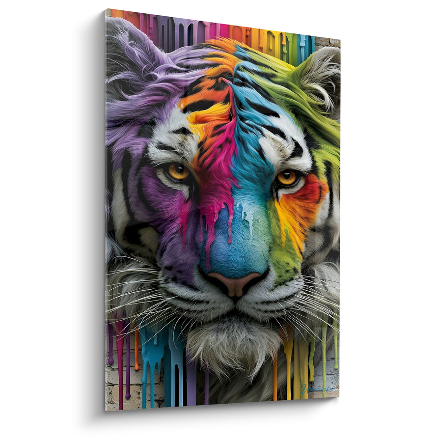 Tableau Tigre visage violet et turquoise dégoulinant - Fusion chromatique sauvage - Edition Tigre
