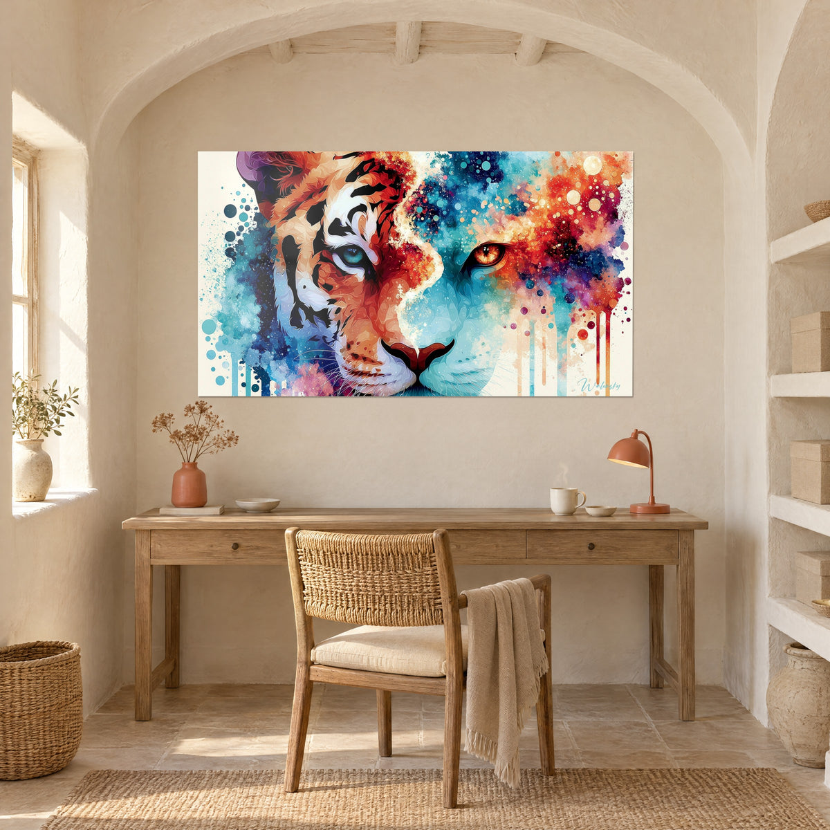 Tableau fauve aux iris bleu et orangé, éclaboussures rouille et turquoise, accroché sous une voûte blanche, bureau en bois clair