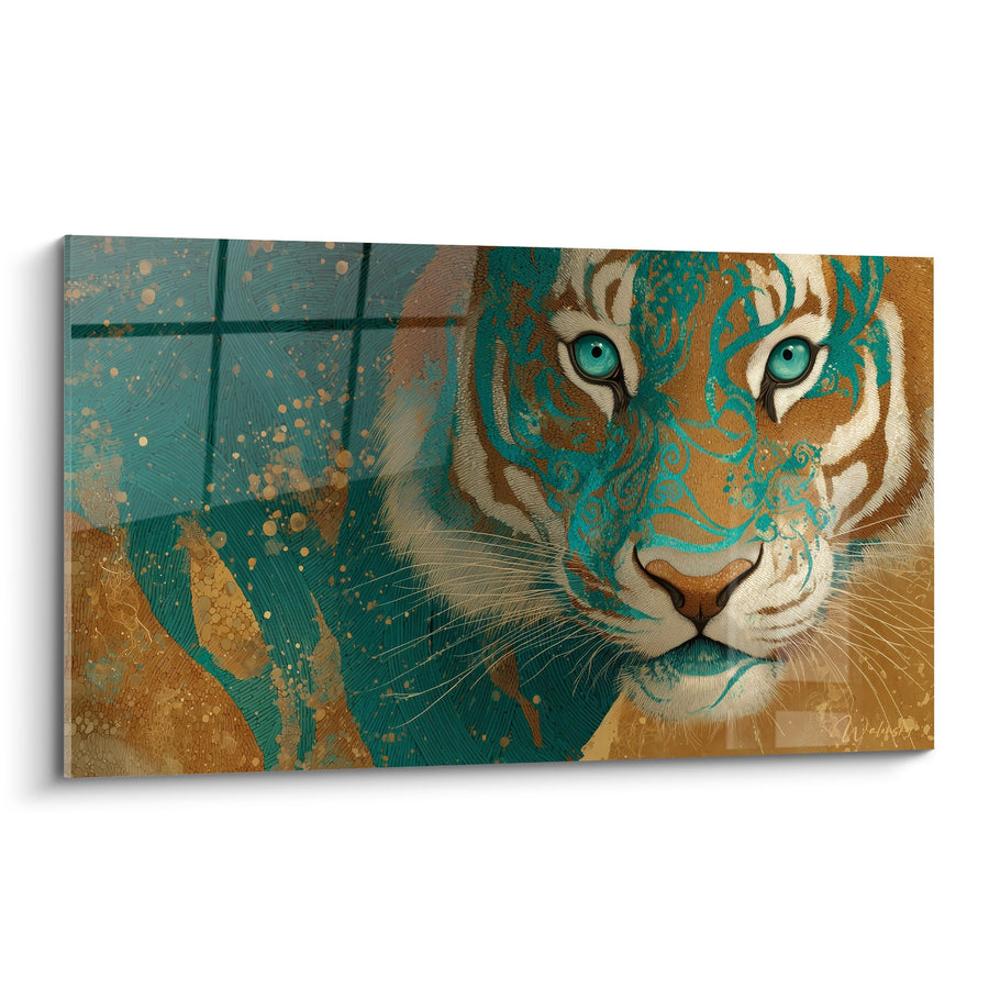 Tableau tigre aux yeux bleu turquoise sur fond abstrait teal et bronze - Regard Mystique - Edition Tigre