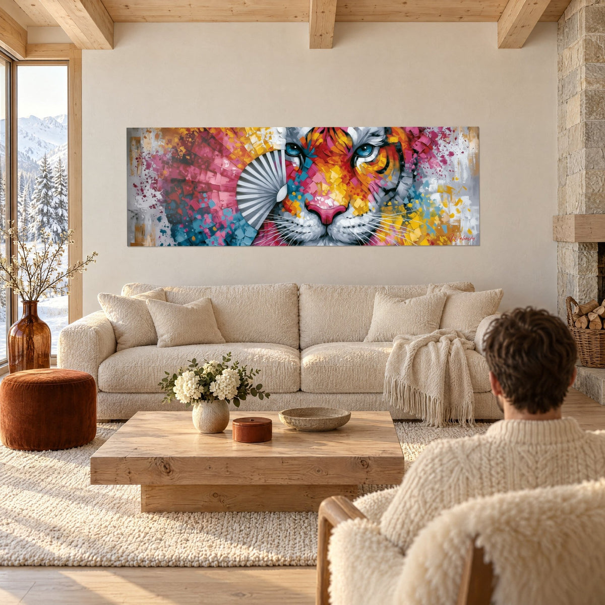 Gemälde Tiger mit blauen Augen und weißem Fächer, Akzente in Rosa, Gelb und Türkis, über einem Sofa in einem hellen Wohnzimmer