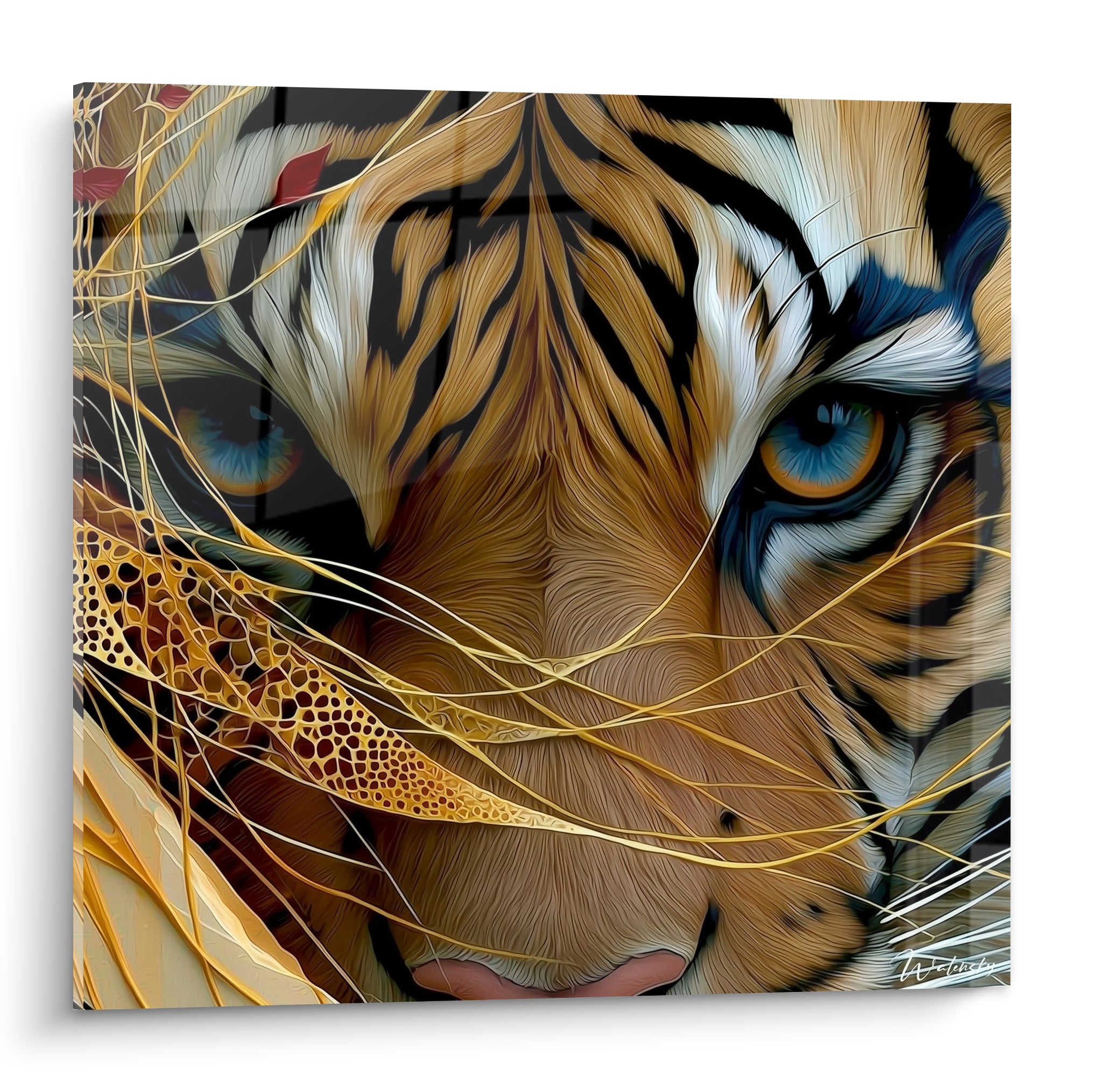 Tigre orangé aux yeux bleus perçants, pelage rayé noir traversé de lianes dorées entrelacées