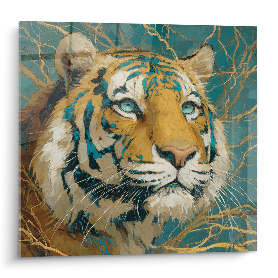 Tableau Tigre aux yeux turquoise sur fond bleu-vert avec veines dorées - Regard Mystique - Edition Tigre