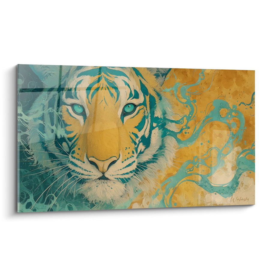Tableau Tigre aux Yeux Turquoise et Palette Dorée Turquoise - Regard Hypnotique - Edition Tigre