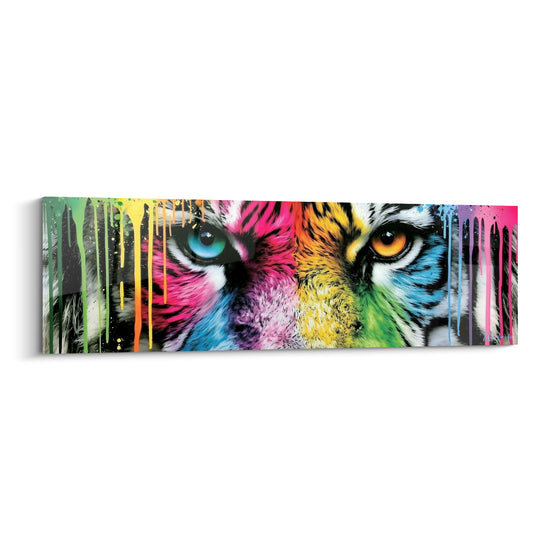 Tigre aux yeux bleu et ambre recouvert de coulures roses, jaunes et vertes sur canevas panoramique