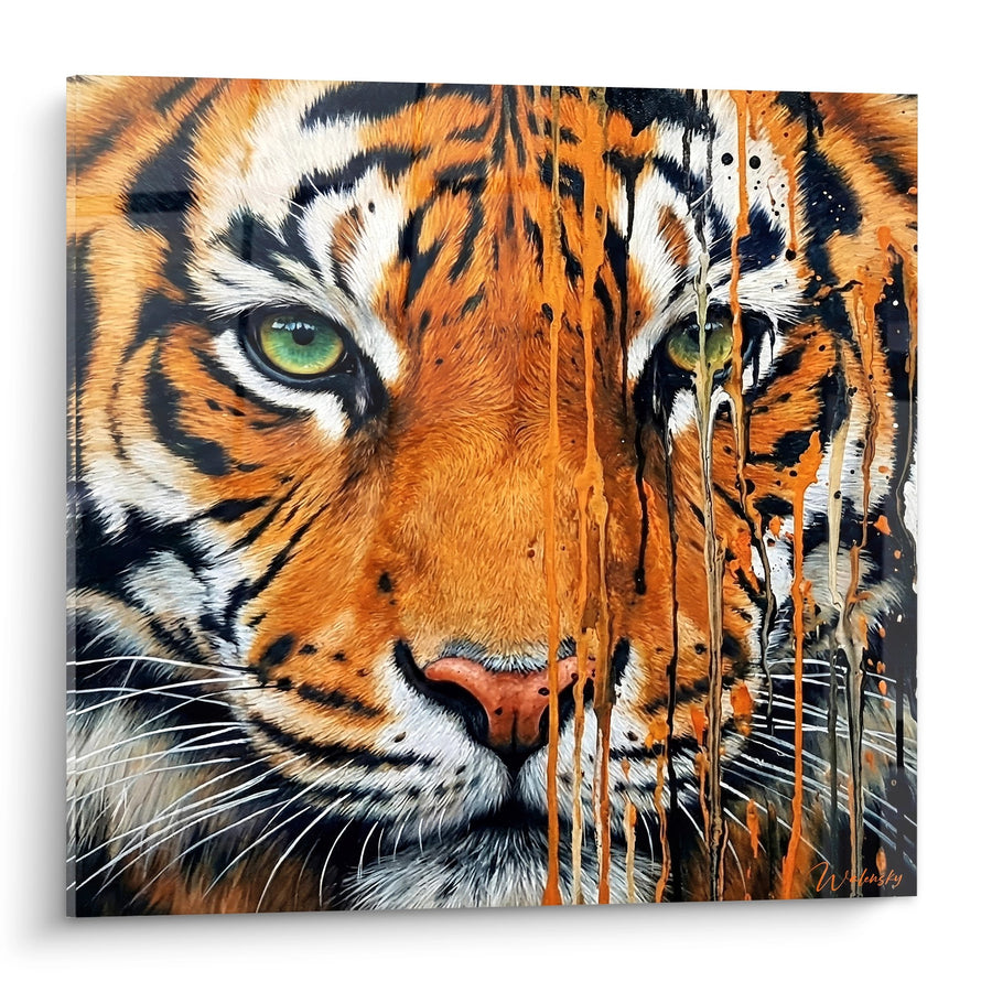 Tijger schilderij met groene ogen en oranje-zwarte drip - Wilde blik - Street art editie dripping spatten