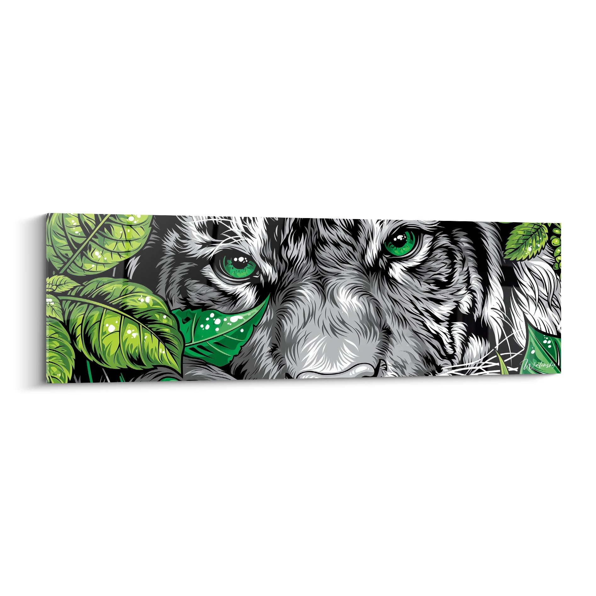 Tigre au pelage noir et blanc et aux yeux verts perçant à travers un feuillage dense vert vif