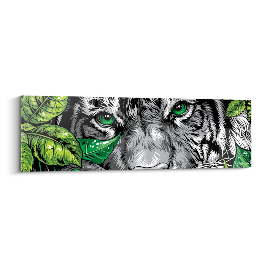 Tableau Tigre gris et vert caché sous les feuilles - Gouttes de rosée - Edition Tigre
