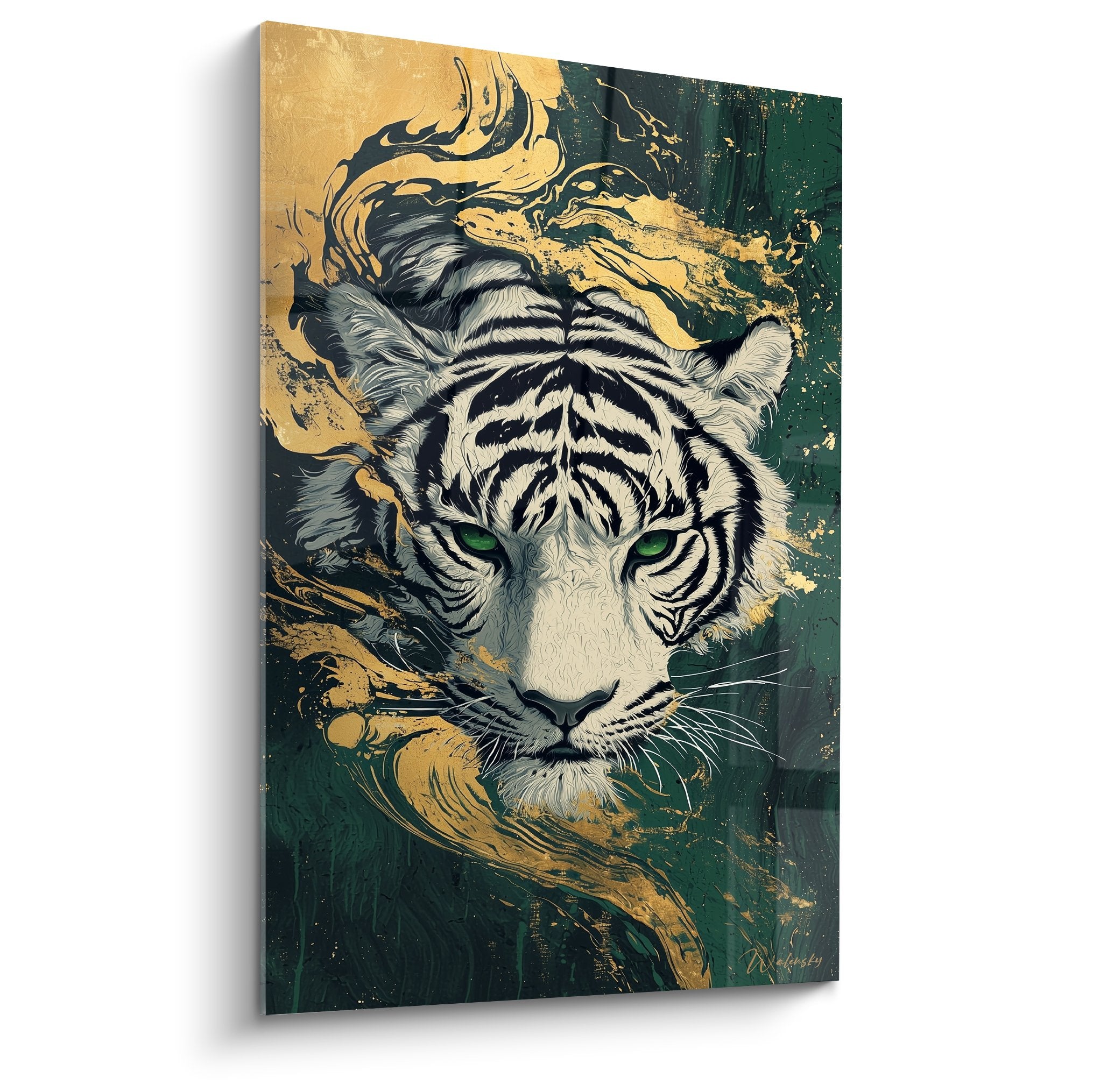 Tiger painting with piercing green eyes on artistic gold and emerald background with texture effects