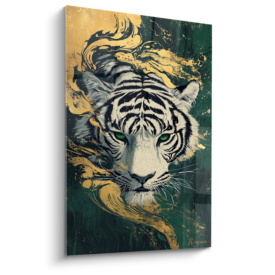 Tableau Tigre aux yeux verts sur fond or et émeraude avec effets artistiques - Regard sauvage - Edition Tigre