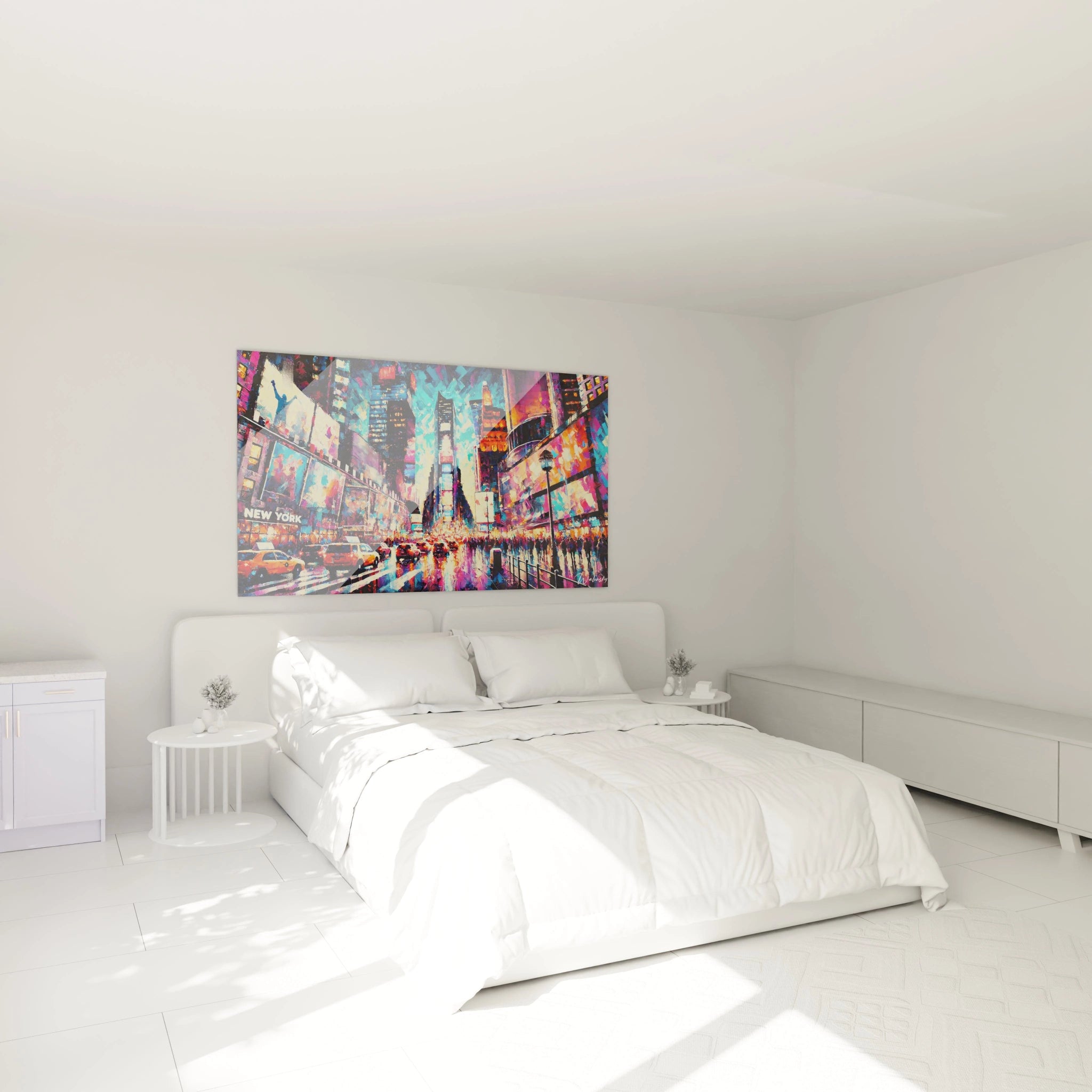 tableau Times Square au-dessus d’un lit dans une chambre urbaine ajoute une ambiance vibrante et electrique. Ses couleurs lumineuses et reflets hypnotiques transforment l’espace en un lieu vivant et captivant.

