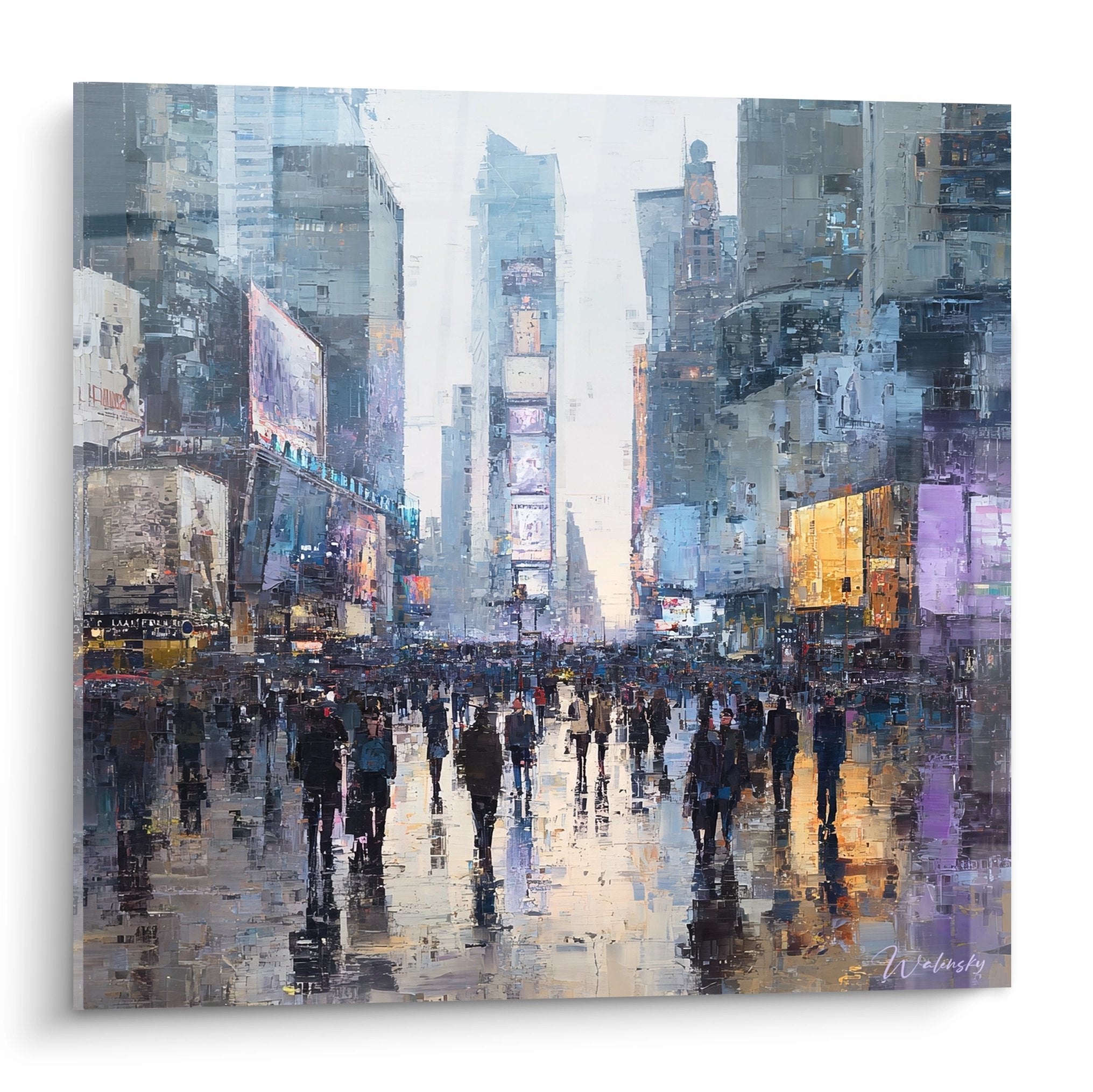 Tableau Times Square sous la pluie avec reflets colorés et silhouettes de passants sur asphalte mouillé