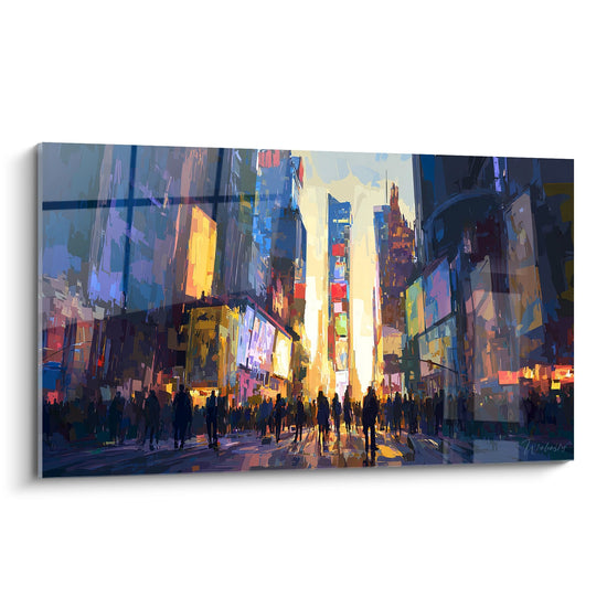 Tableau Times Square coloré style urbain moderne avec gratte-ciels Manhattan et foule silhouettes
