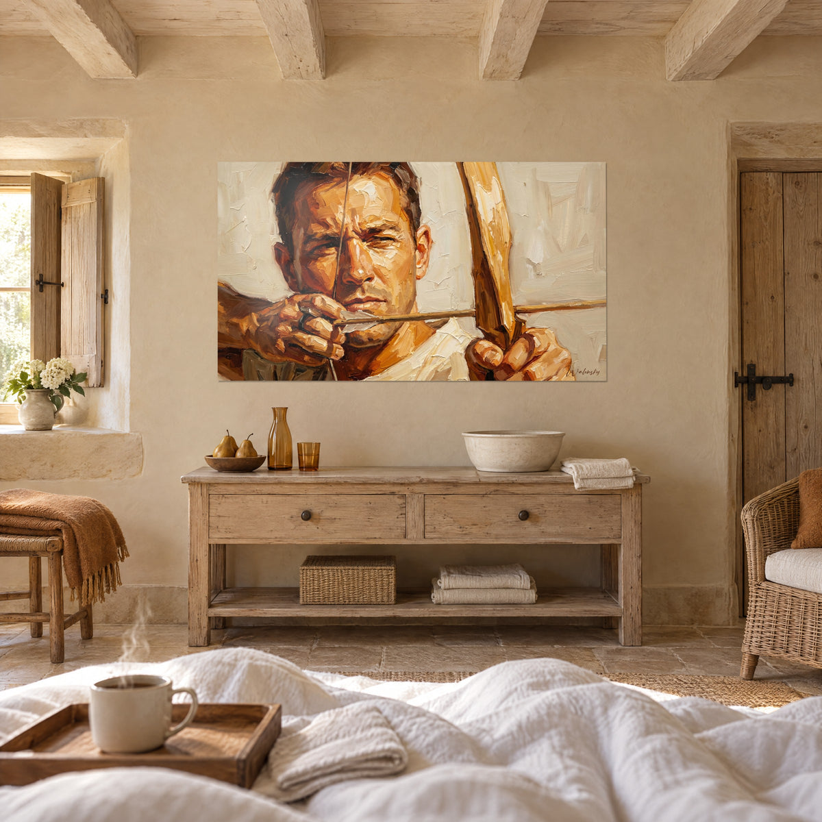 Cuadro retrato de un arquero en plena puntería, pinceladas naranjas y beige, encima de una cama en un dormitorio luminoso