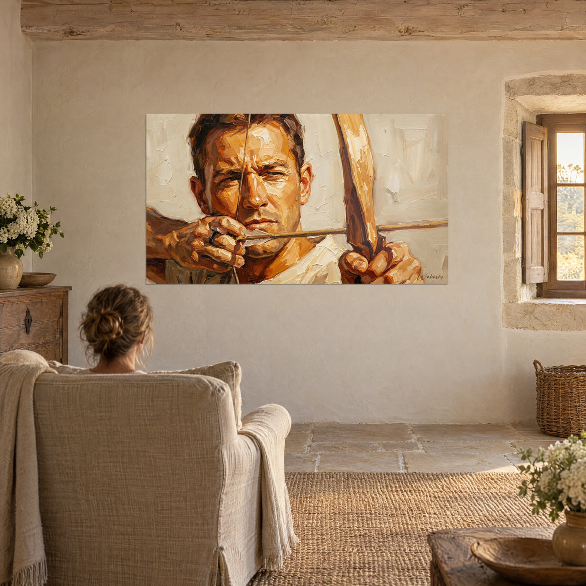Cuadro de un maestro arquero de mirada decidida, empastes ámbar sobre fondo marfil, en el salón de una casa de piedra