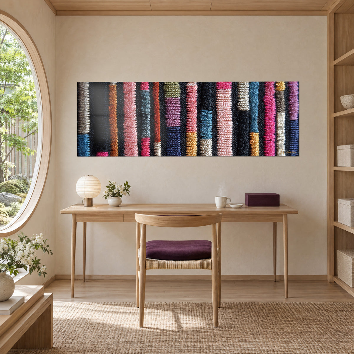Πίνακας patchwork από μωβ, βρύο και σομόν ροζ κλωστές, σε κρεμ τοίχο πάνω από γραφείο από ανοιχτόχρωμο ξύλο