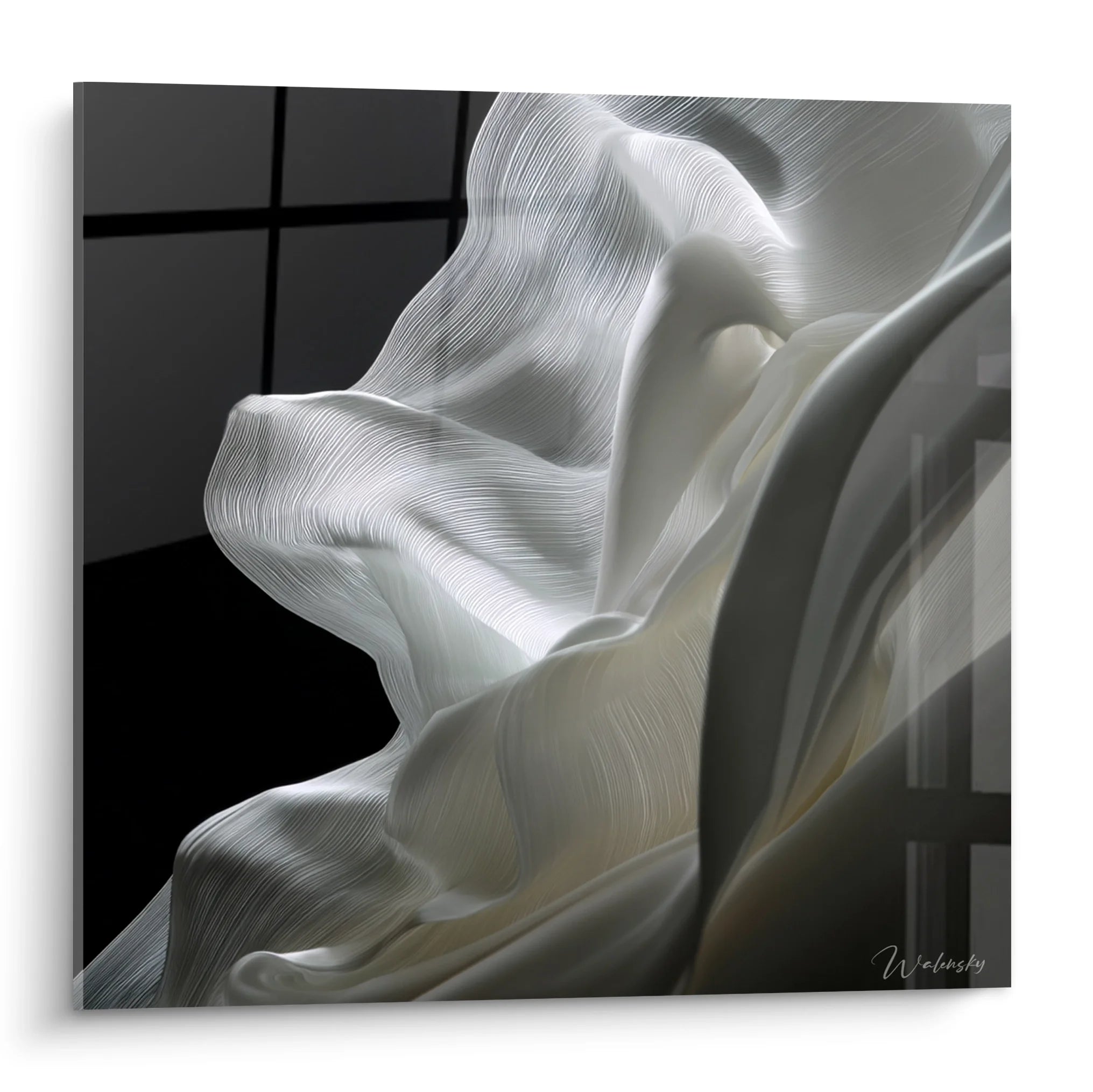 Tableau abstrait tissu blanc fluide aux formes vaporeuses et élégantes pour décoration moderne