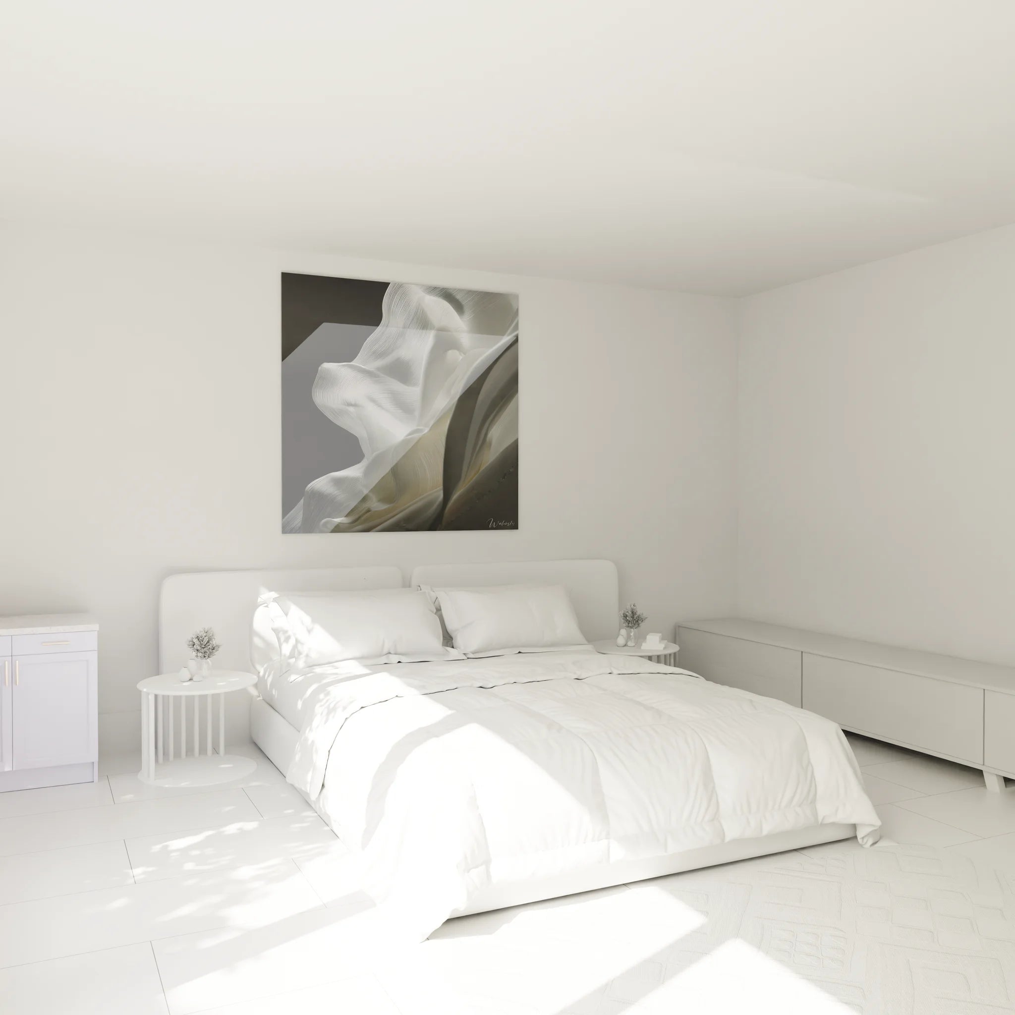 Tableau tissu blanc abstrait installé dans chambre moderne pour ambiance zen et apaisante