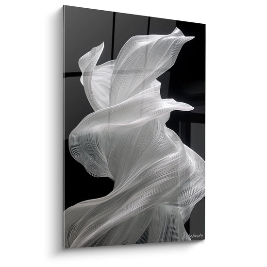 Abstract black and white artwork depicting fluid fabric with elegant undulating movements