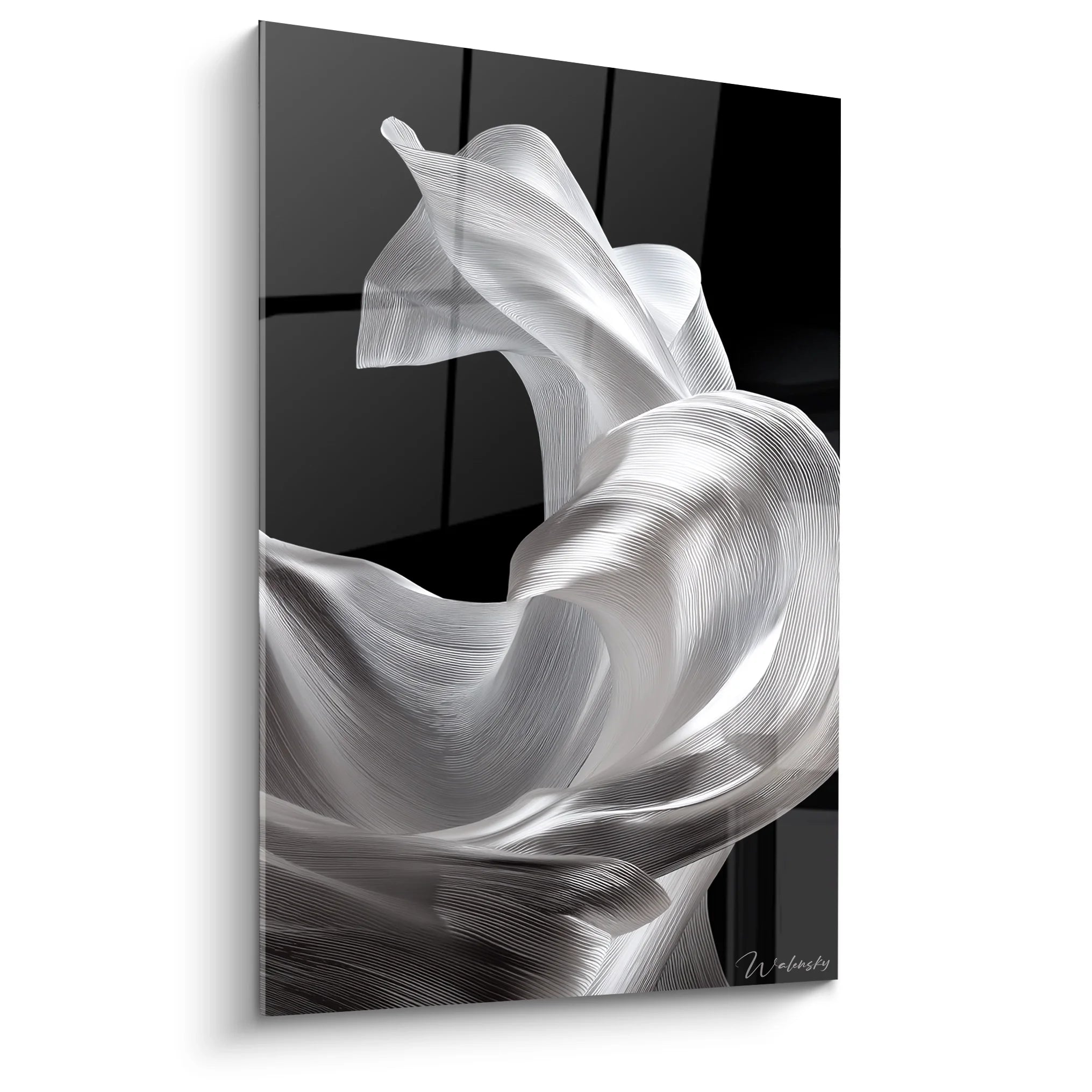 Tableau noir et blanc tissus fluides aux drapés argentés pour décoration murale moderne