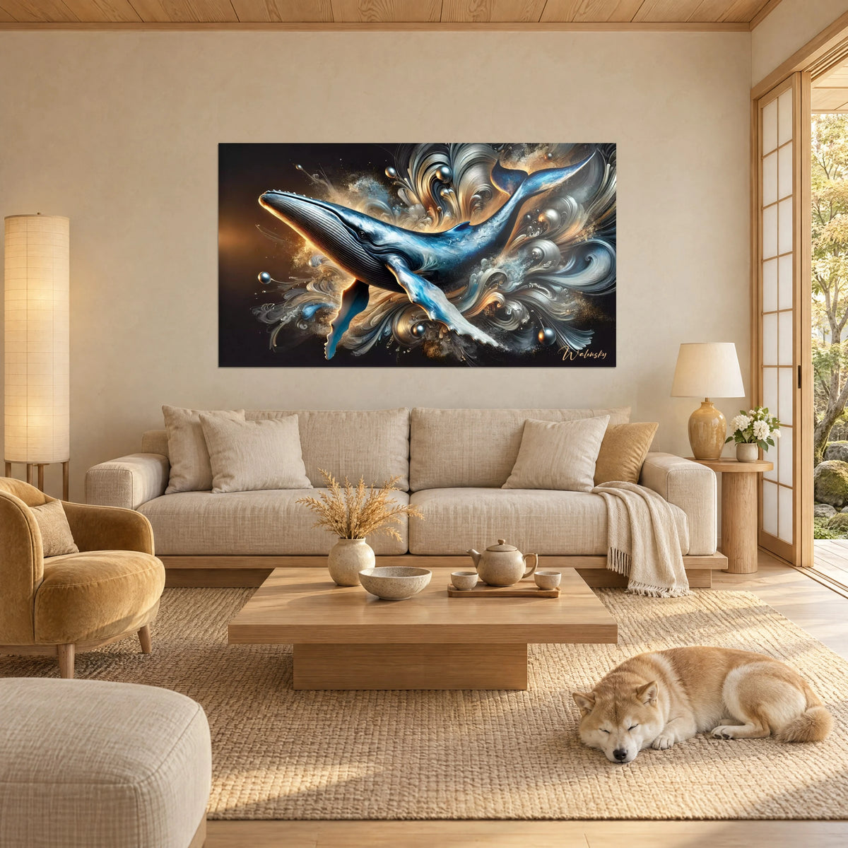 Gemälde Buckelwal in Stahlblau, der die Dunkelheit durchbricht, silbrige und goldene Wirbel, schlafender Shiba, über einem Sofa in einem hellen Wohnzimmer
