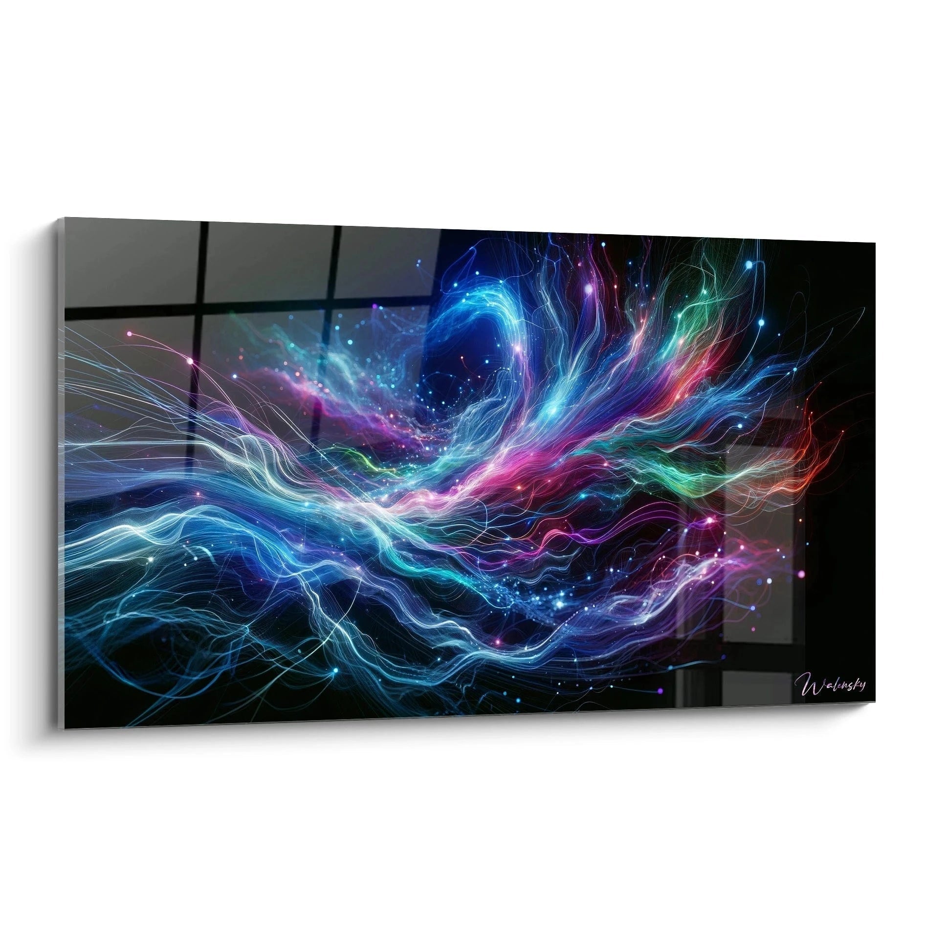 Tableau abstrait représentant un flux lumineux de lignes ondulantes sur fond noir. Composition horizontale de filaments colorés entrelacés avec points brillants. Palette vibrante de bleu électrique, turquoise, violet, rose et rouge avec accents blancs. Texture éthérée combinant lignes fluides et particules lumineuses créant un effet de mouvement cosmique.
