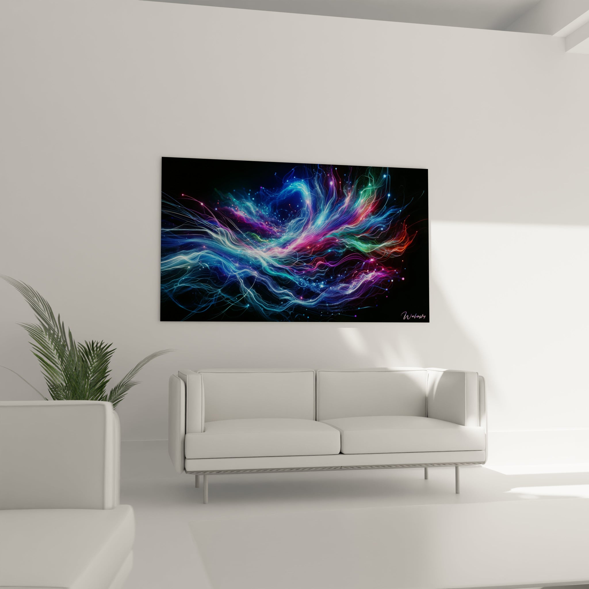 Tableau abstrait montrant des courants d'énergie multicolores. Spectre chromatique alliant bleu cobalt, cyan, violet, rose vif et blanc lumineux avec terminaisons brillantes. Effet visuel de fibres optiques avec lignes sinueuses et noeuds lumineux. Composition ondoyante avec flux entrecroisés et points éclatants créant une sensation de mouvement perpétuel.

