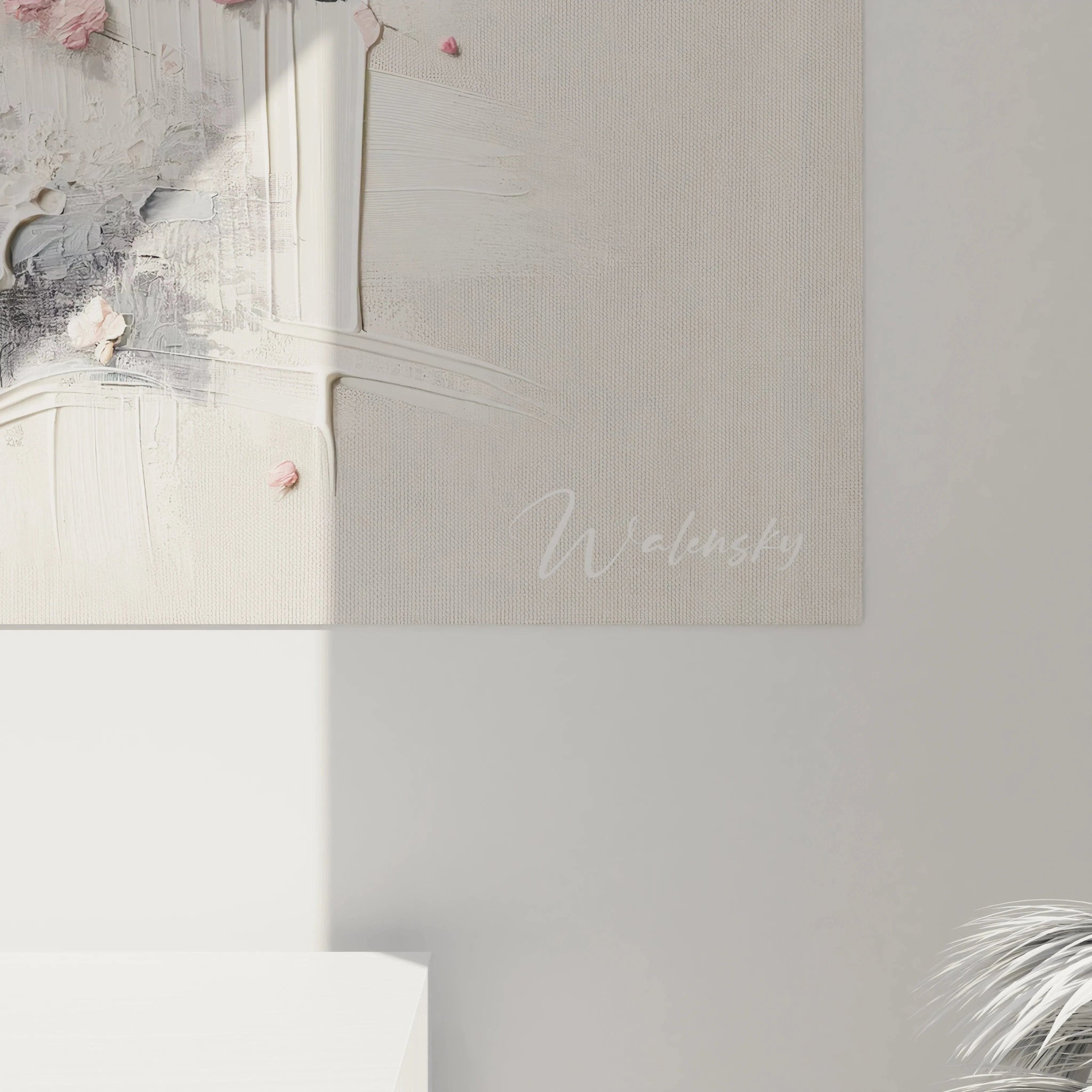 tableau asie vue rapprochée dévoilant des pétales roses texturés et un tronc en relief palette douce mélangeant nuances de rose blanc et marron pour un effet tactile réaliste

