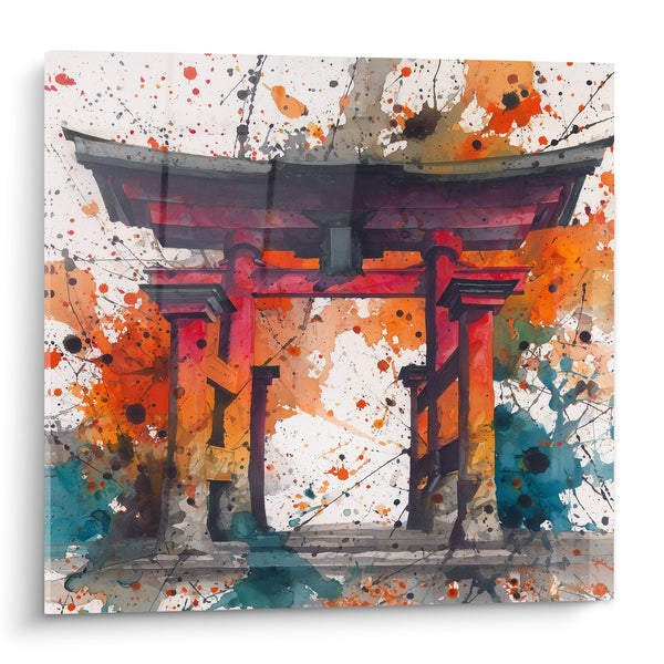 Torii-Gemälde karminrot mit abstrakten mehrfarbigen Spritzeffekten - Spirituelles Portal - Edition Torii