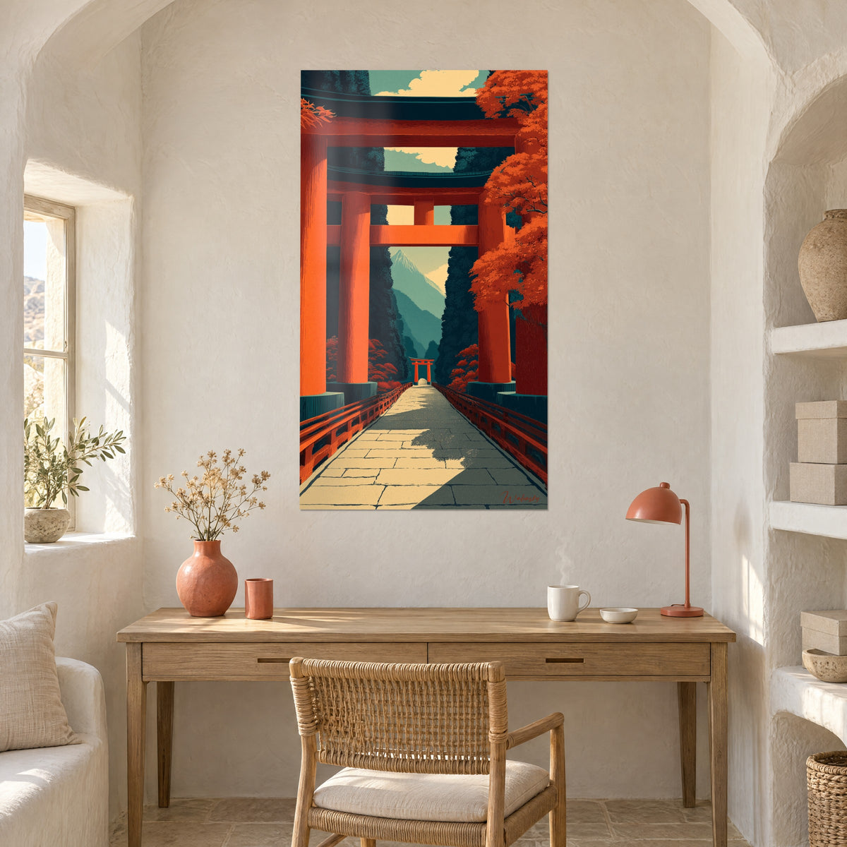 Wall art vermilion torii alley, blazing red maple and turquoise treetops, light wood desk, coral lamp and terracotta vase