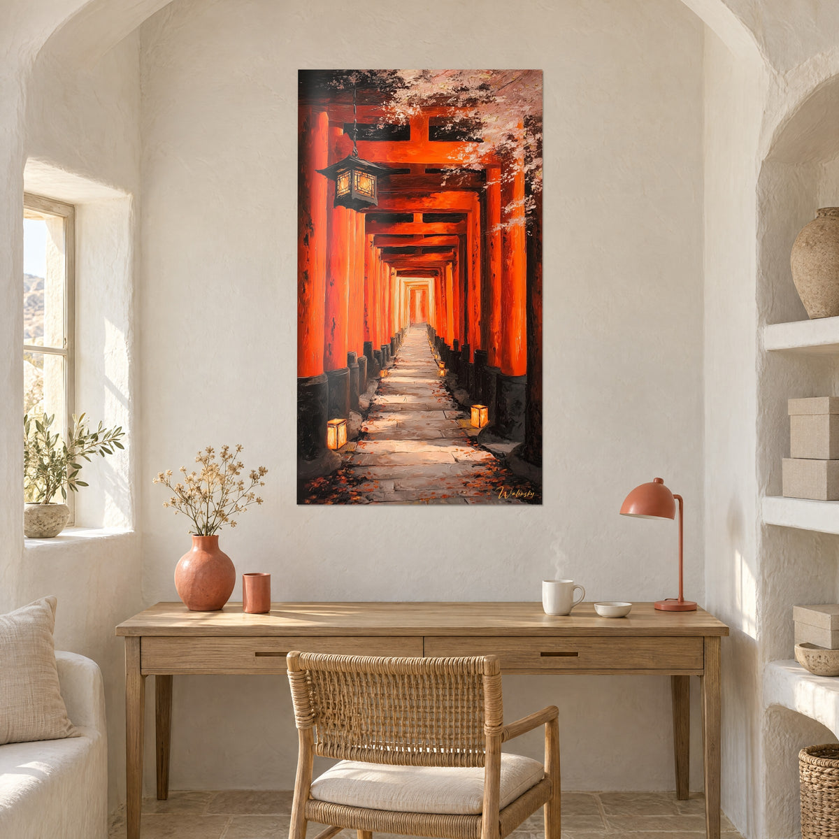 Πίνακας διάδρομος από λαμπερά torii, χρυσοκίτρινα φανάρια στο δάπεδο και μπεζ πλάκες, στον ασβεστωμένο τοίχο γραφείου από ανοιχτόχρωμο ξύλο