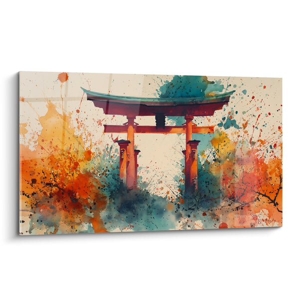Gemälde japanisches Torii mit Aquarell-Spritzern orange türkis - Farbiges Erbe - Edition Torii