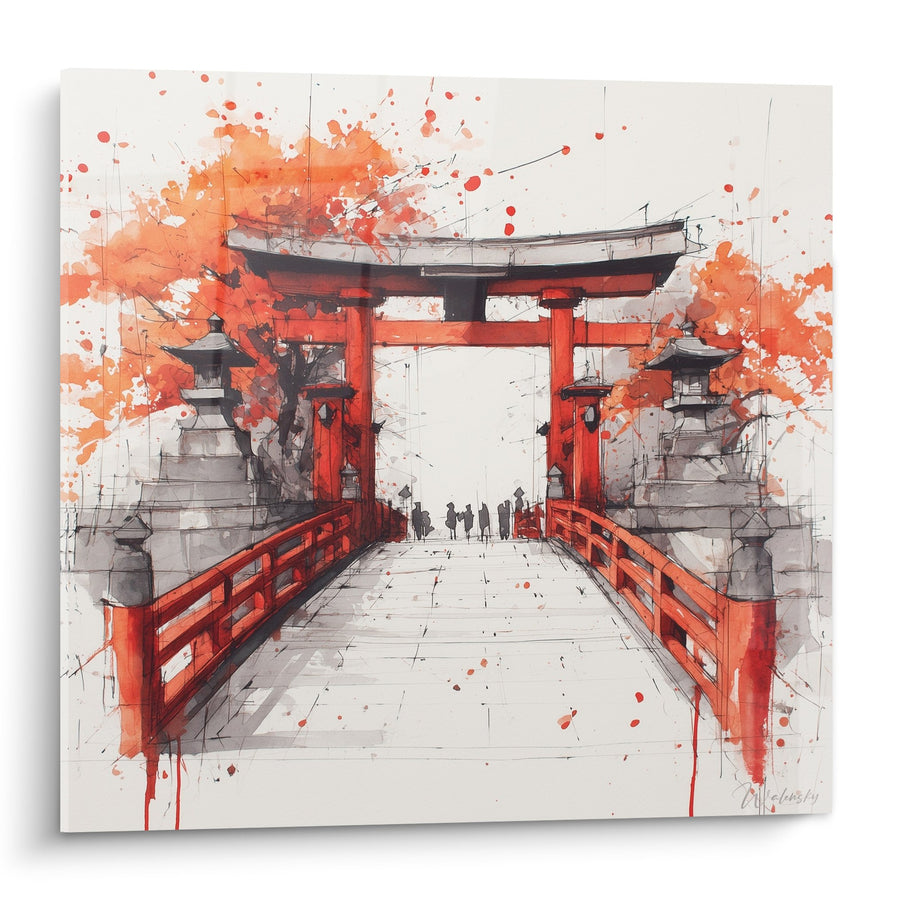 Tableau pont vermillon et portique traditionnel aux éclaboussures orange - Passage sacré - Edition torii