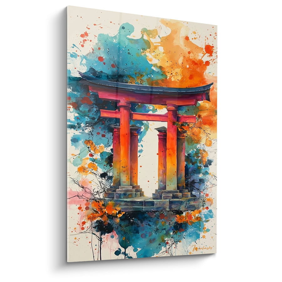 Tableau torii rouge vermillon éclaboussures aquarelle bleues et orange - Sanctuaire oriental - Edition torii