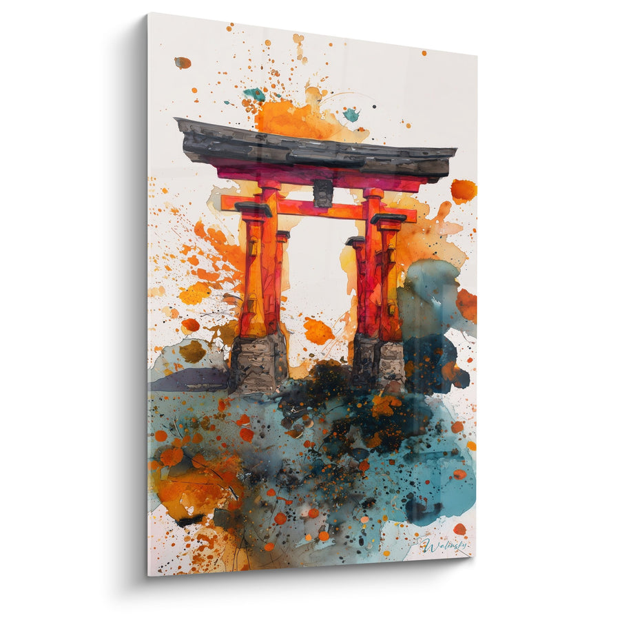 Tableau torii rouge et orange dans explosion de couleurs aquarelle - Portique Émotion - Edition torii