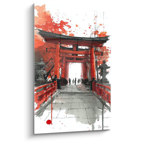 Portaal schilderij robijnrood en aquarel spatten - Heilige doorgang - Torii editie