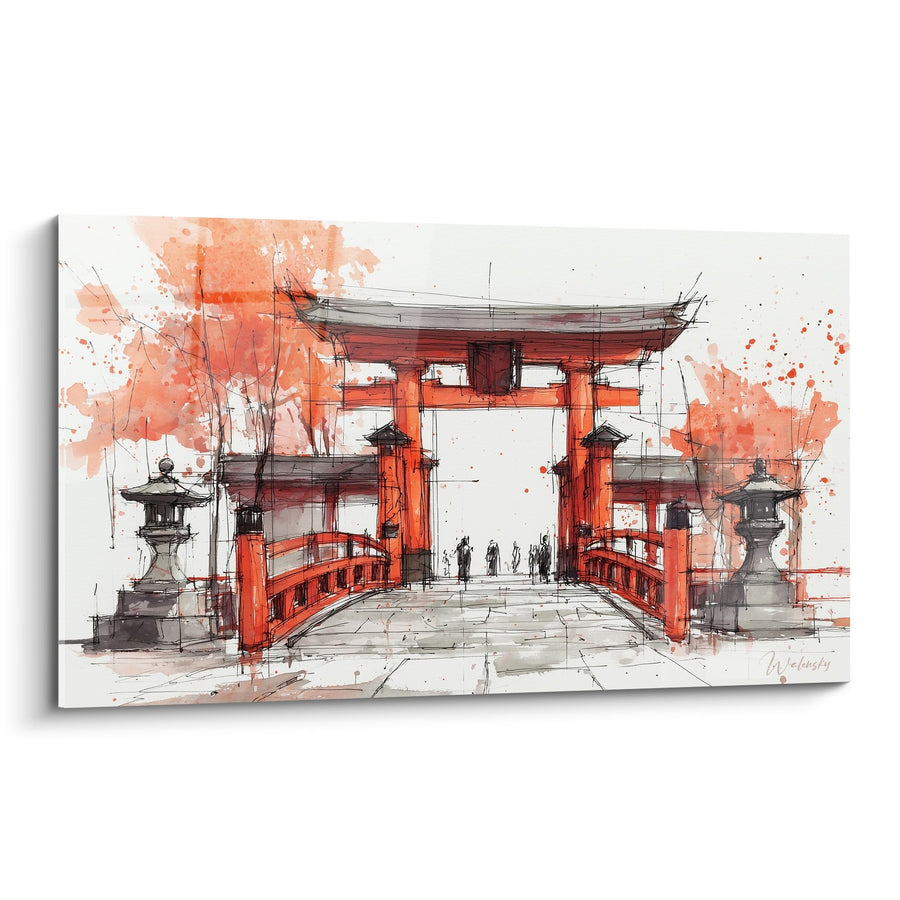 Aquarel schilderij van een rode vermiljoen torii poort met gebogen brug en traditionele lantaarns - Poort naar de eeuwigheid - Editie torii