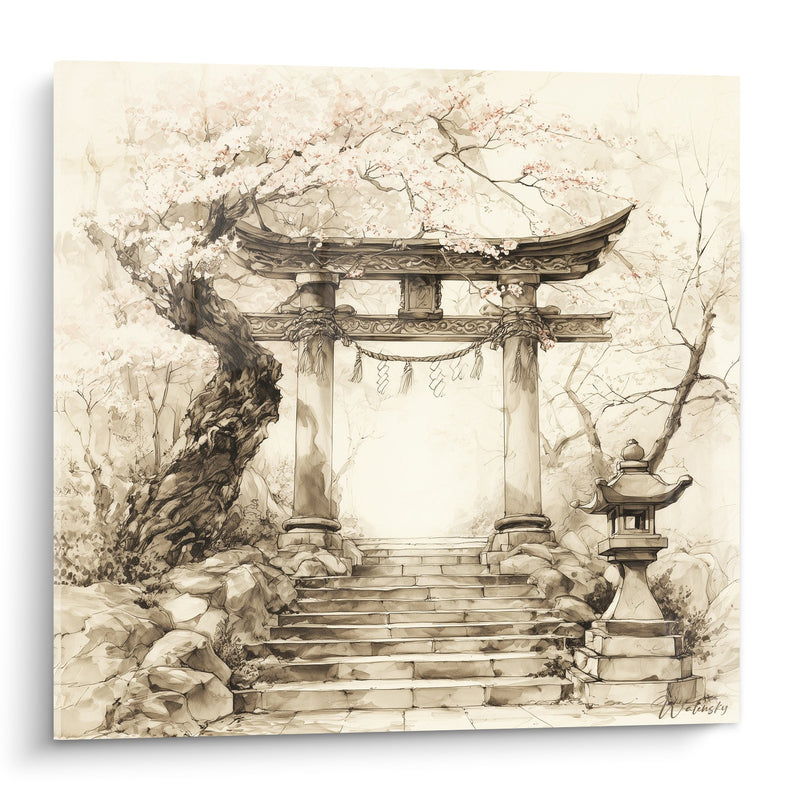 Sepia Watercolor Torii under Blossoming Cherry Tree - Japanese Serenity - Torii Edition