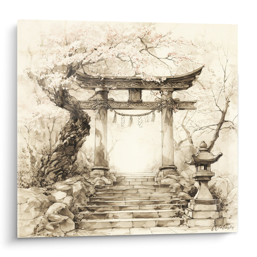 Tableau torii en aquarelle sépia sous cerisier en fleurs - Sérénité japonaise - Edition torii