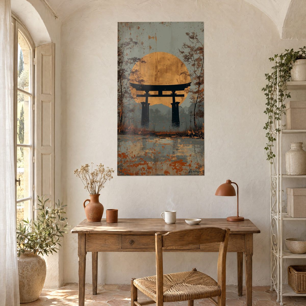 Schilderij met de silhouet van een zwarte Japanse poort, okerkleurige zonneschijf, blauwgrijze nevel en roestige weerspiegelingen in de vijver, boven een houten bureau