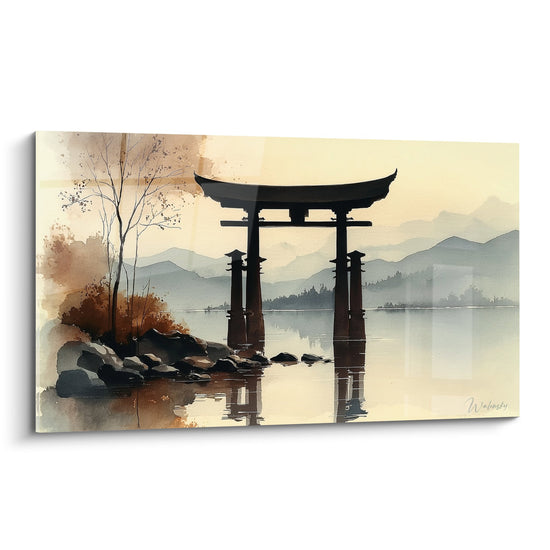 Cuadro del Torii en la Niebla Matutina con Tonos Beige y Ocre - Serenidad Japonesa - Edición Torii